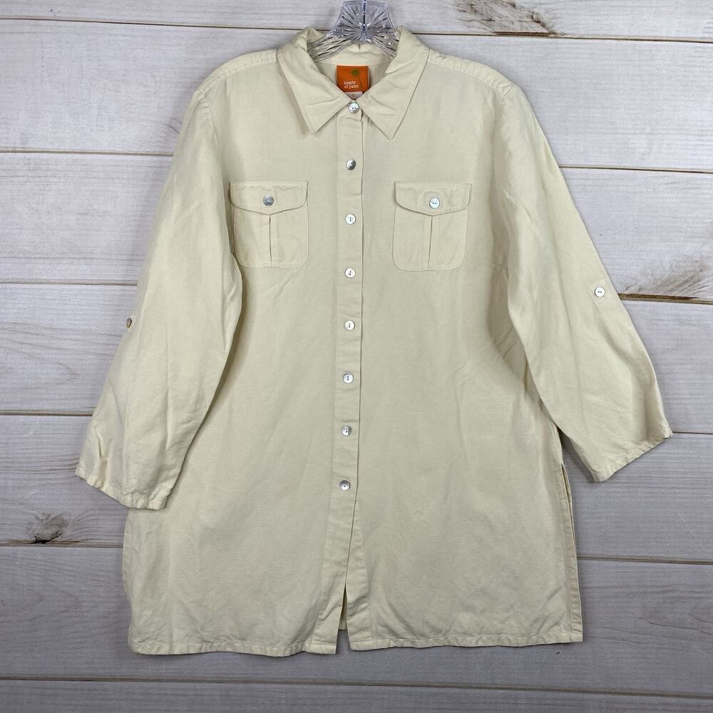 HEARTS OF PALM Top Womens M Ivory Linen Blend Button Up Roll Tab Sleeve